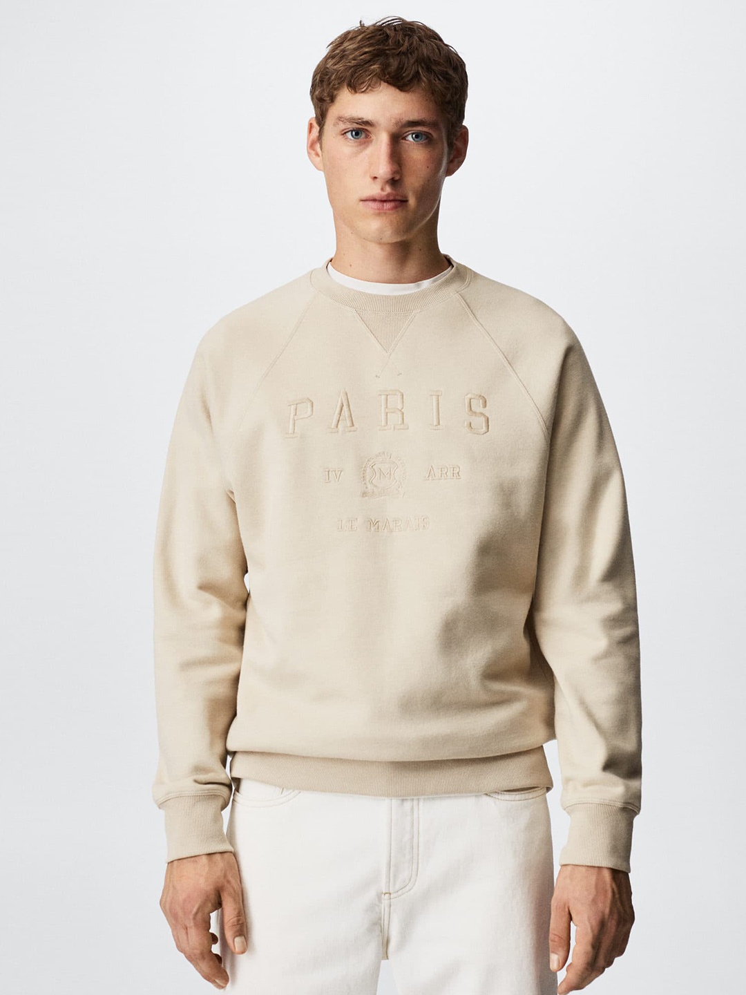 

MANGO MAN Beige Embroidered Sustainable Sweatshirt
