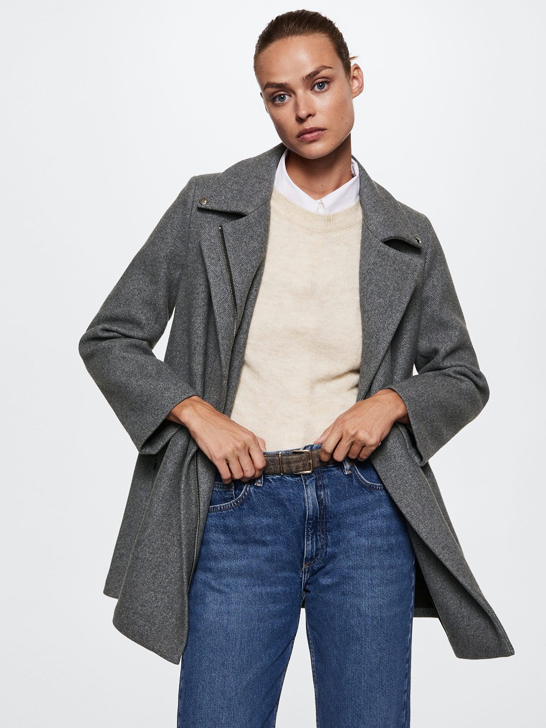 

MANGO Women Grey Notched Lapel-Collar Sustainable Longline Biker Coat