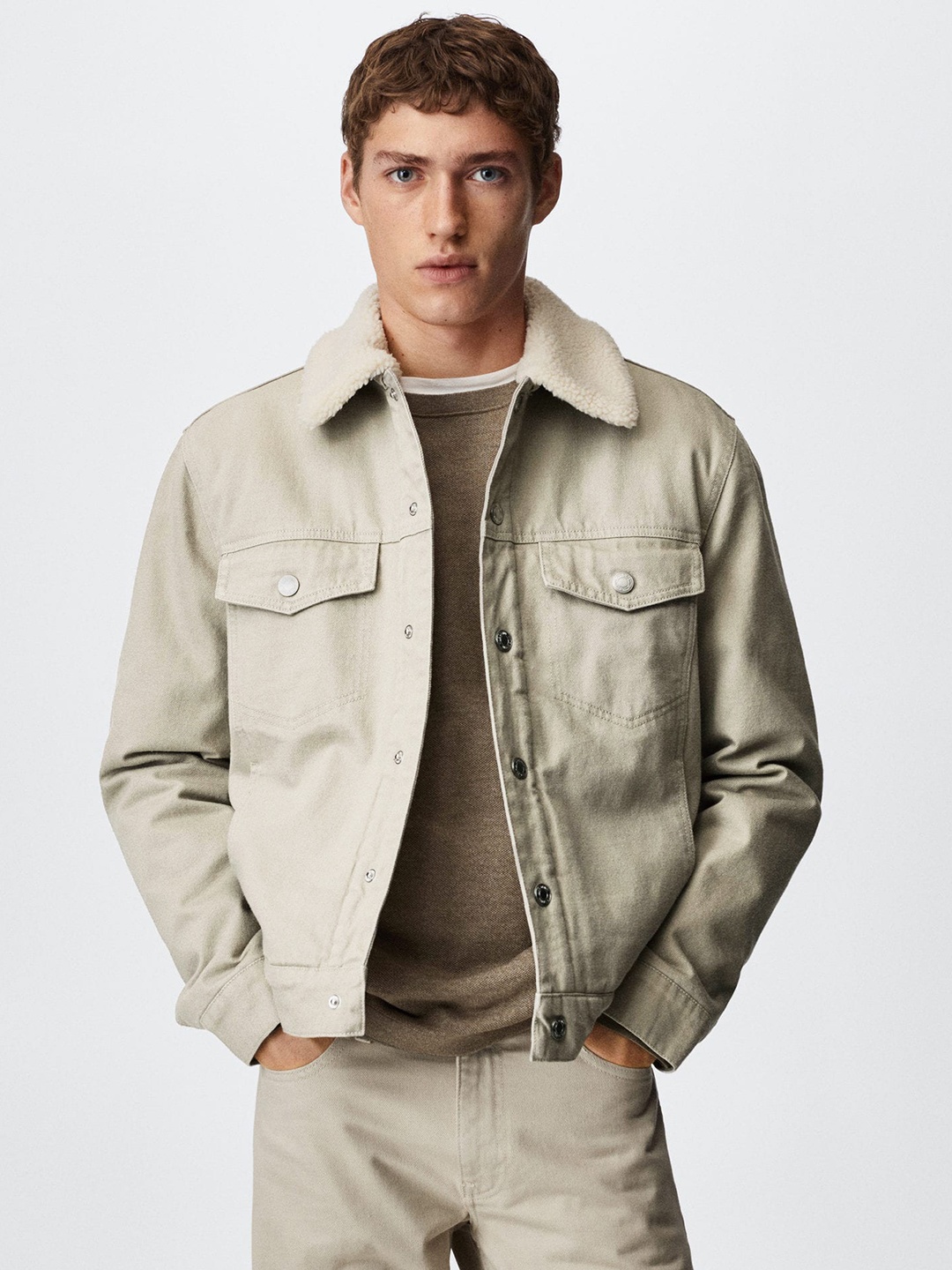 

MANGO MAN Shearling Denim Sustainable Cotton Jacket, Beige