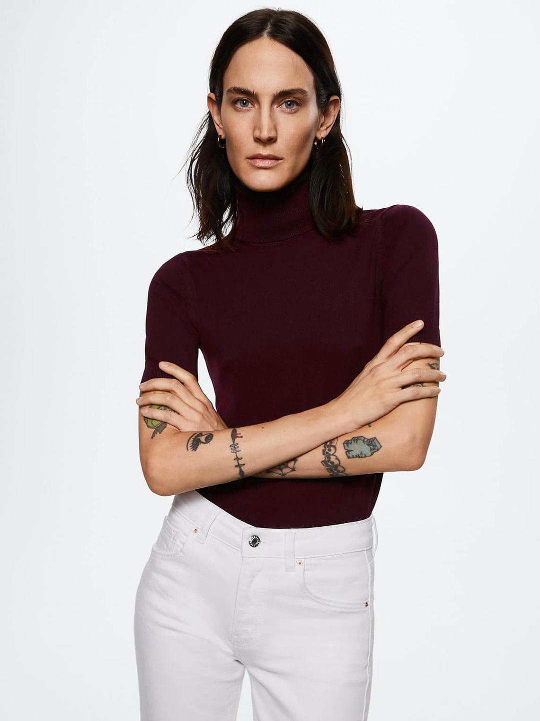 

MANGO Women Burgundy Solid Turtle Neck Sustainable Knitted Pullover