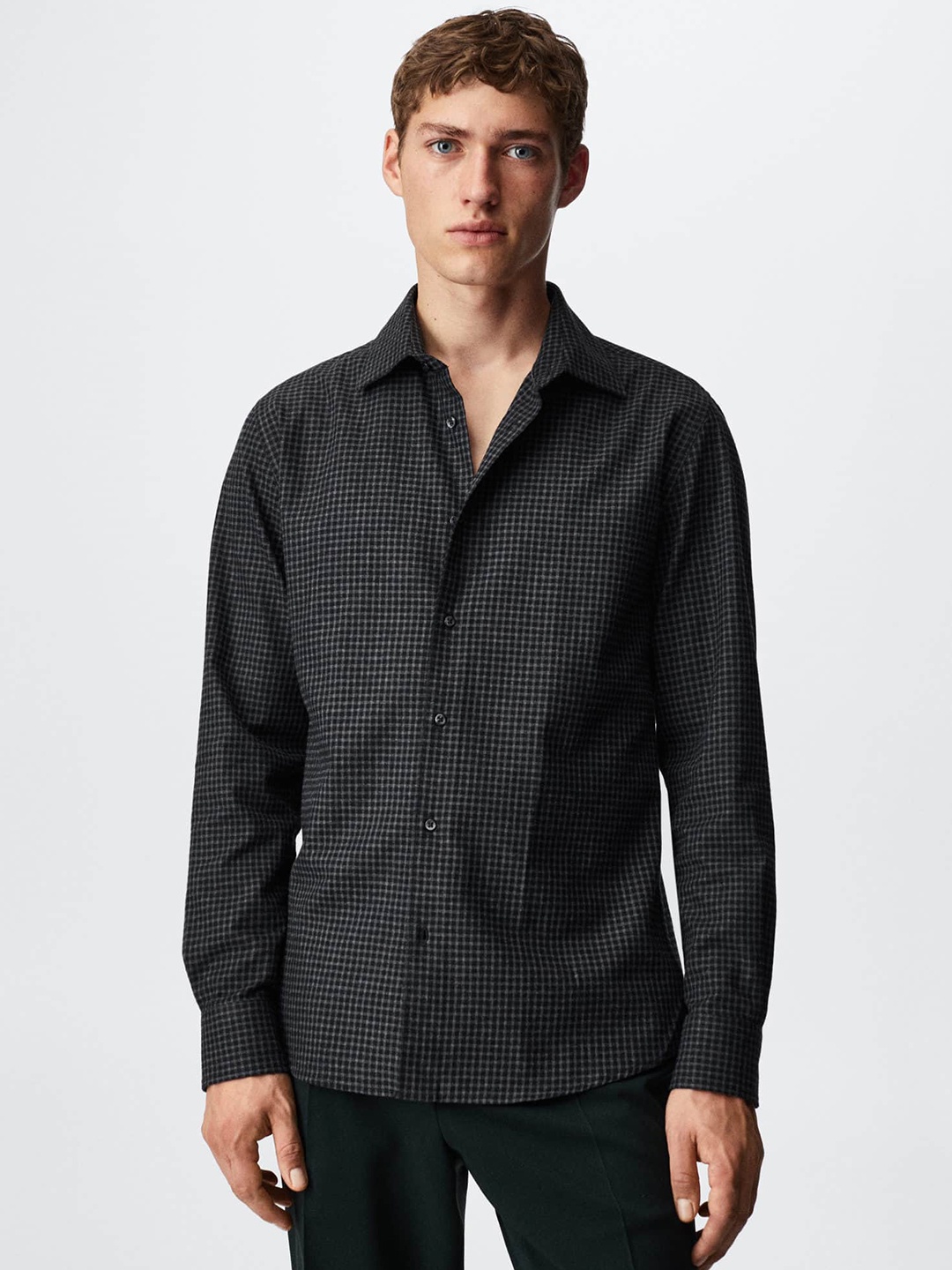 

MANGO MAN Charcoal Grey Slim Fit Checked Sustainable Casual Shirt