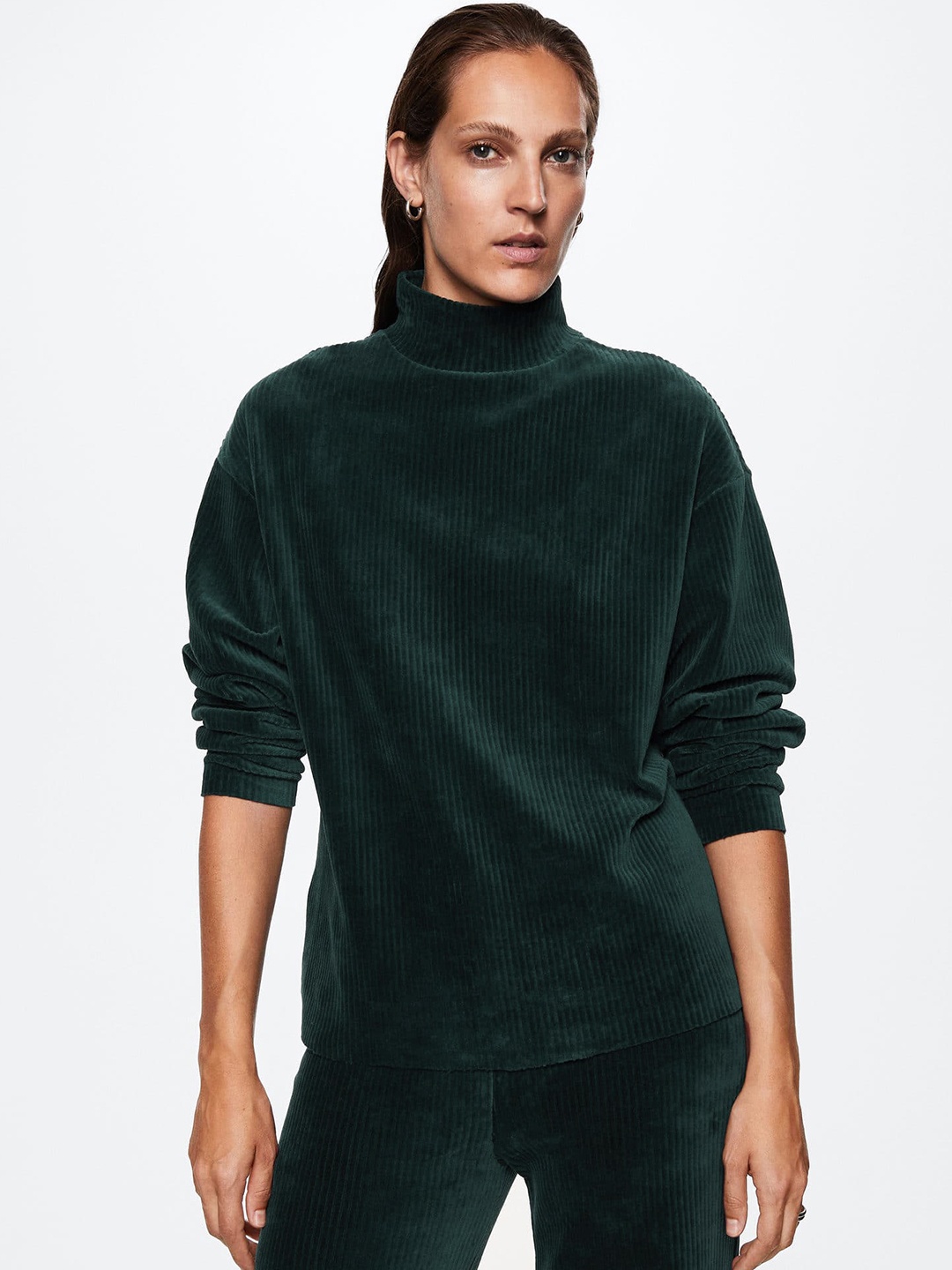 

MANGO Women Teal Green Solid Oversized Corduroy Sweatshirt