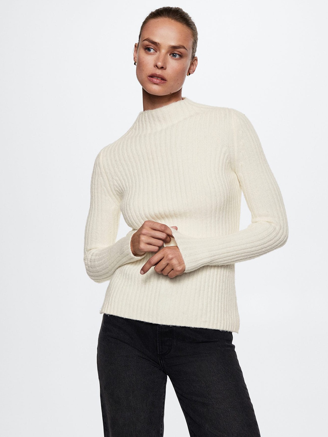 

MANGO Women Ribbed Sustainable Pullover, Cream