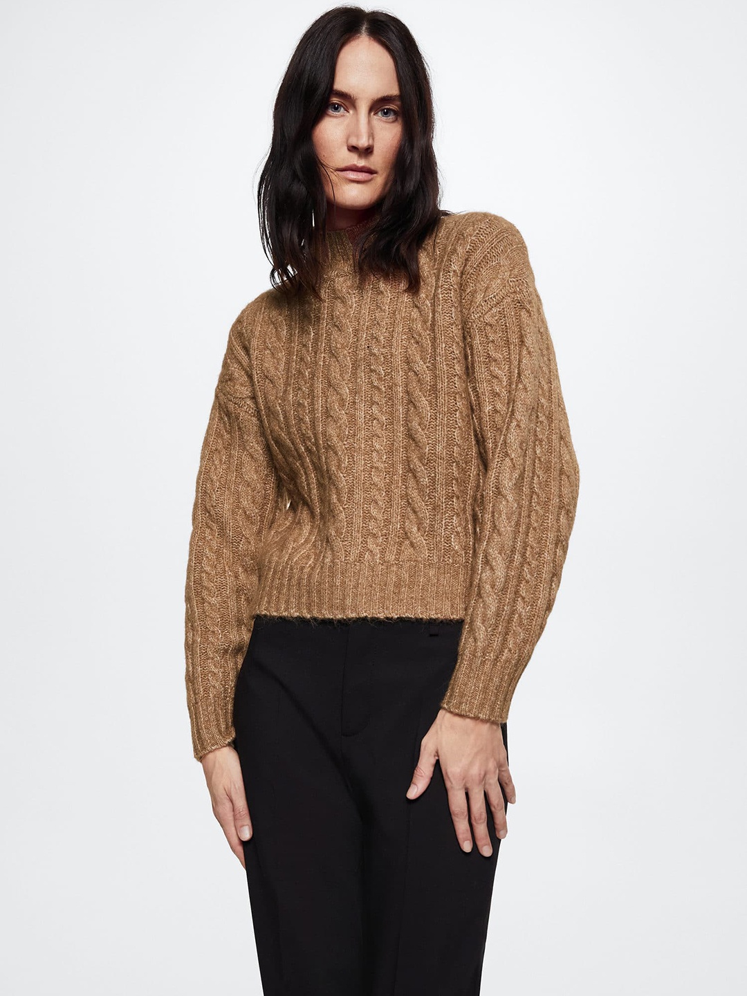 

MANGO Women Sustainable Cable Knit Pullover, Beige