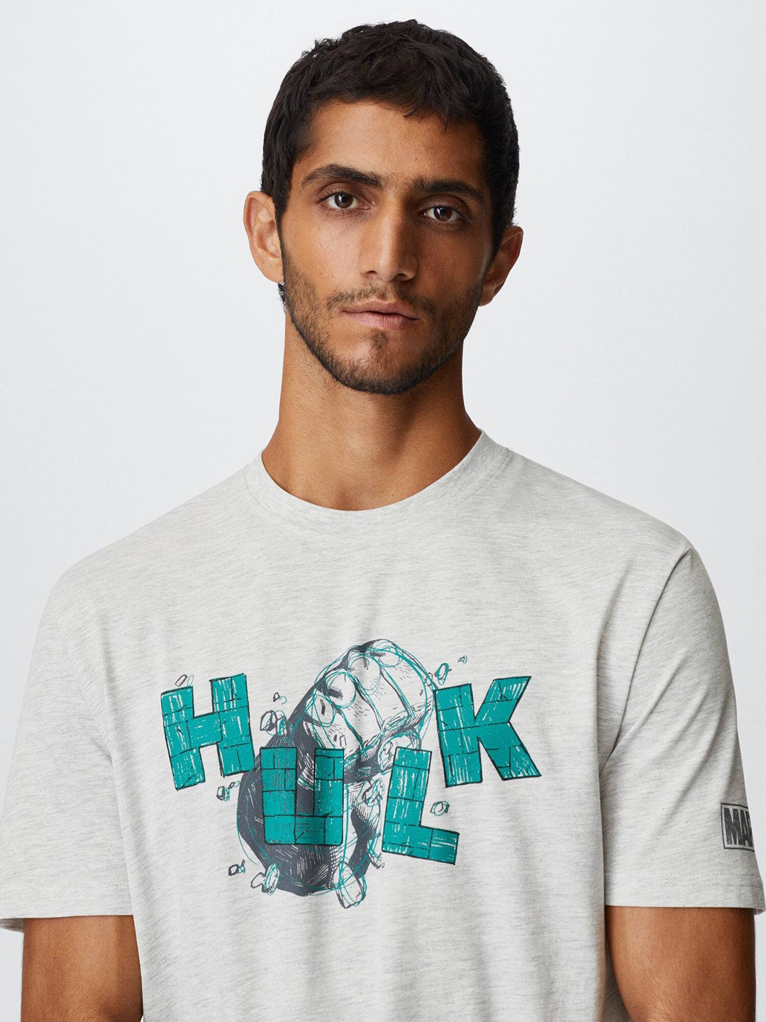 

MANGO MAN Men Grey Melange & Green Hulk Printed Sustainable T-shirt