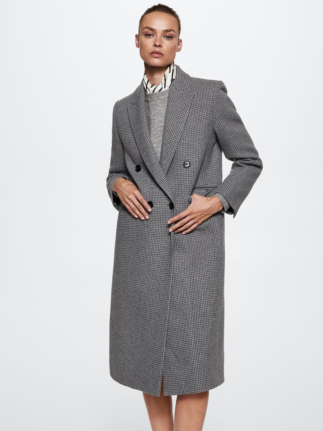 

MANGO Women Grey Houndstooth Design Longline Sustainable Overcoat