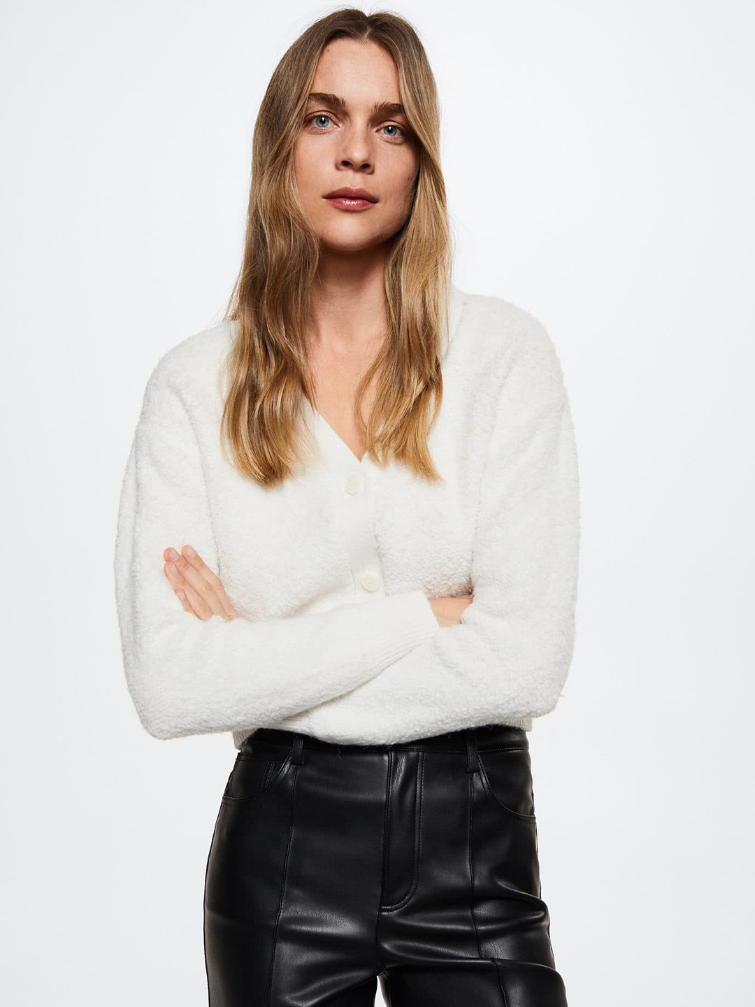 

MANGO Women Boucle Knit Cardigan, Off white