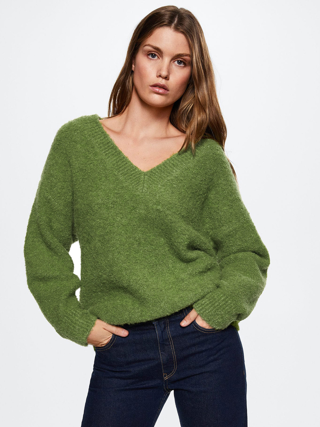 

MANGO Women Green Solid Curly Knit Sweater