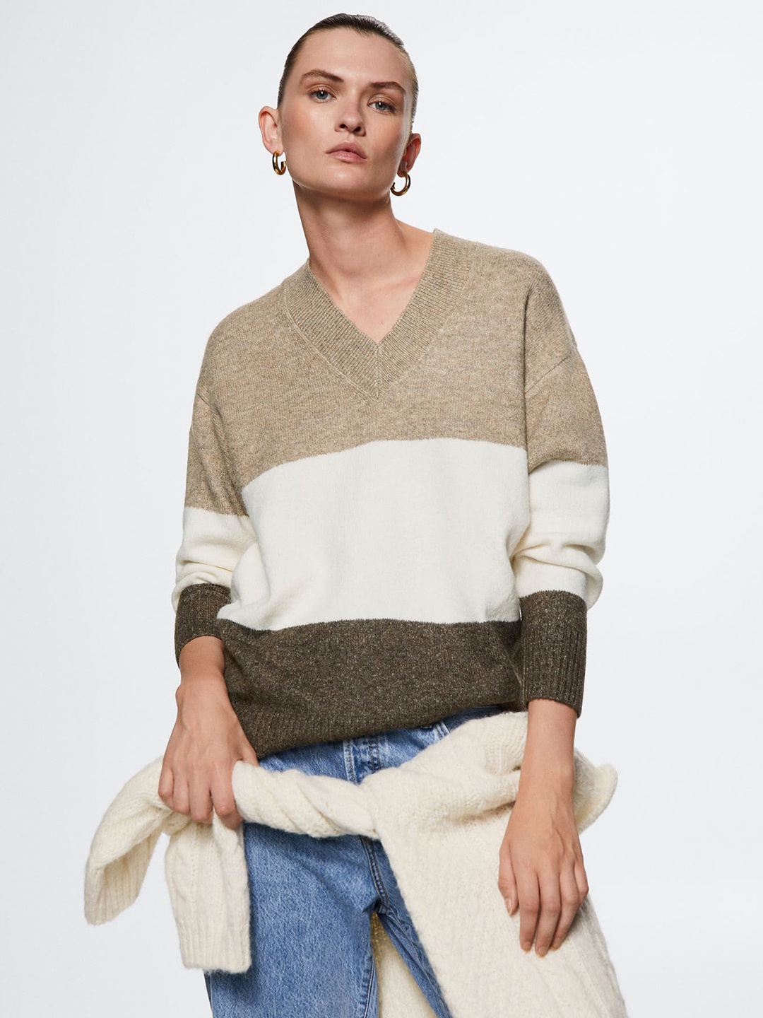

MANGO Women Beige & White Striped V-Neck Pullover