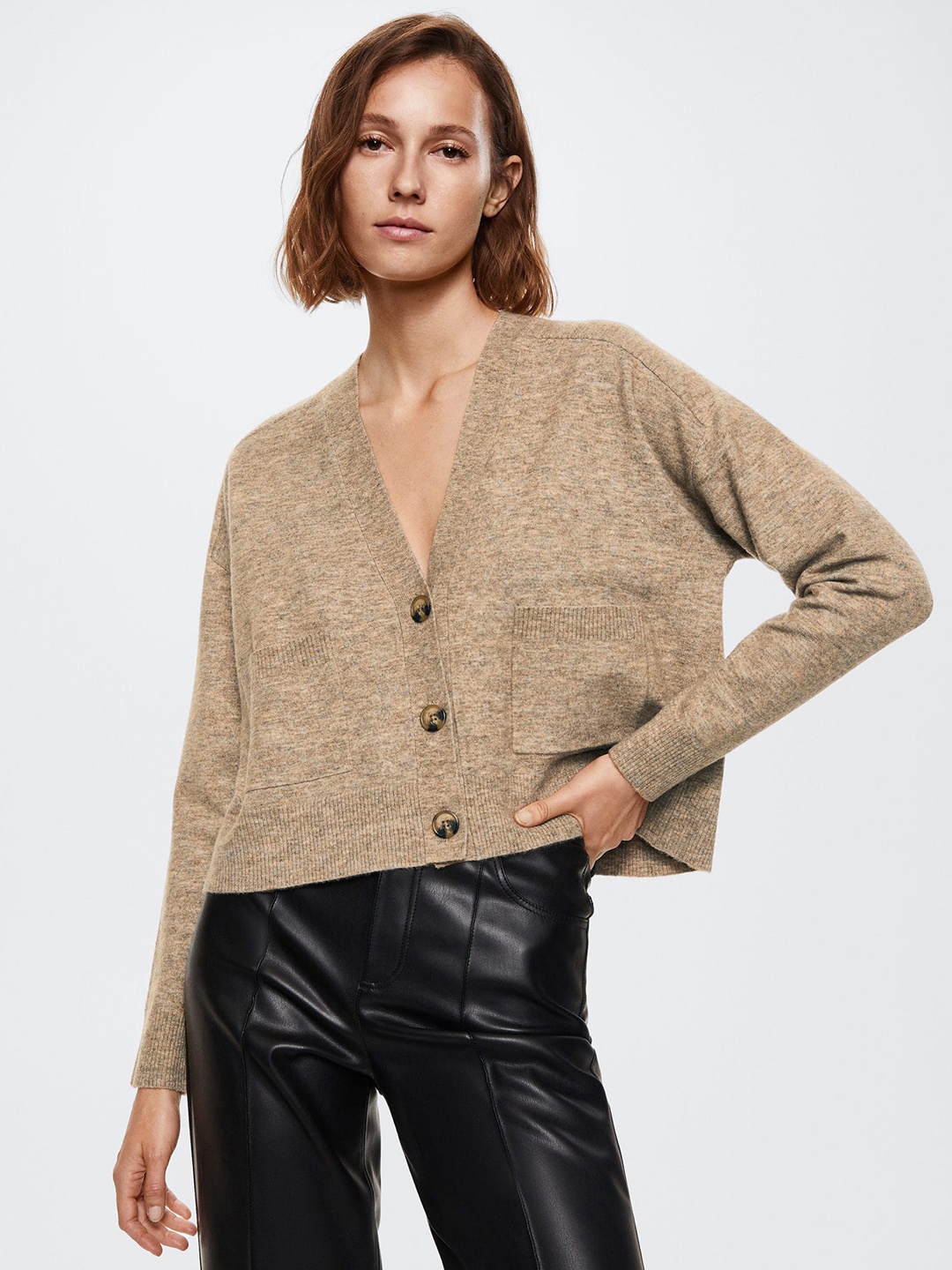 

MANGO Women Brown Solid Pocket Knit Cardigan