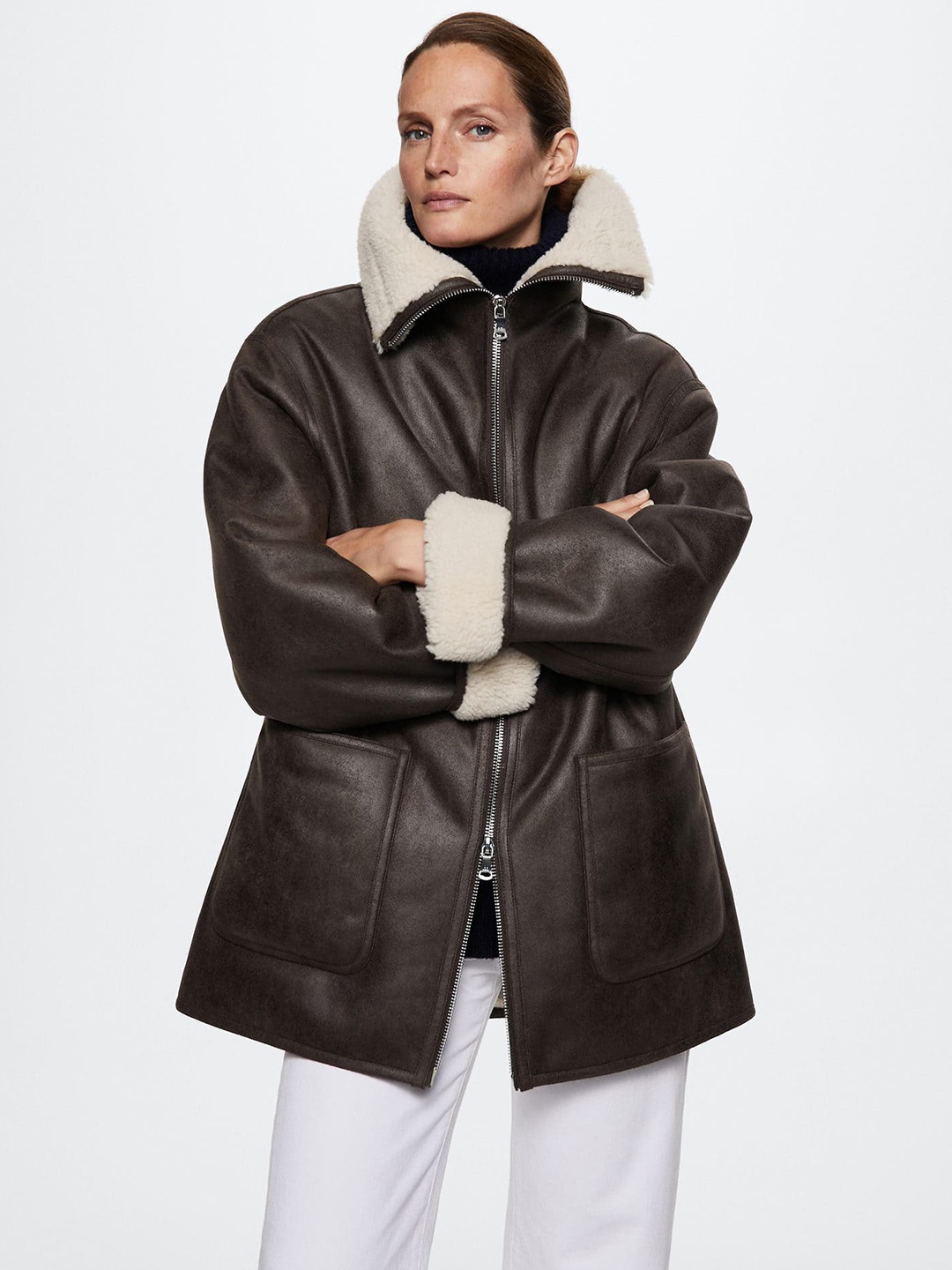 

MANGO Women Coffee Brown Faux Shearling Longline Tailored Jacket