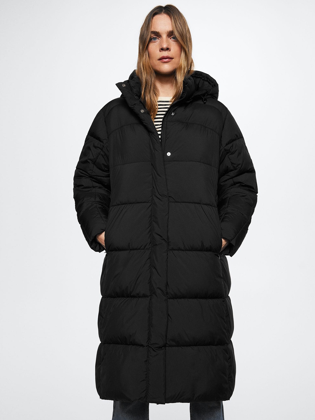 

MANGO Women Sustainable Longline Hooded Puffer Jacket, Black