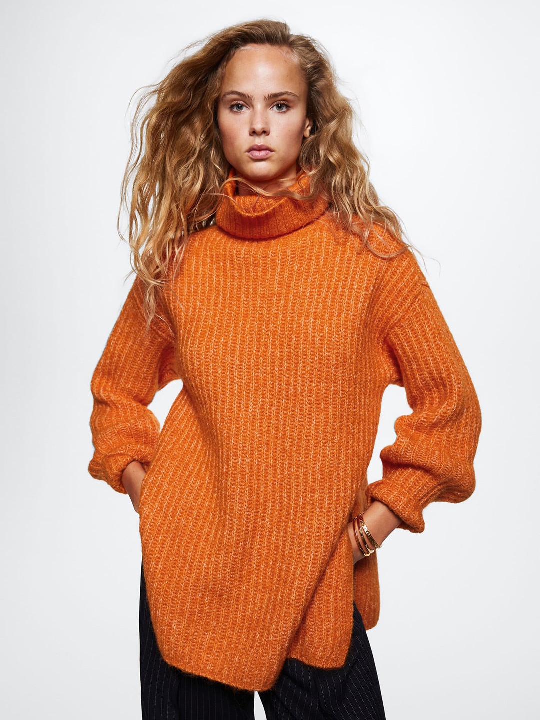 

MANGO Women Sustainable Ribbed Longline Pullover, Orange