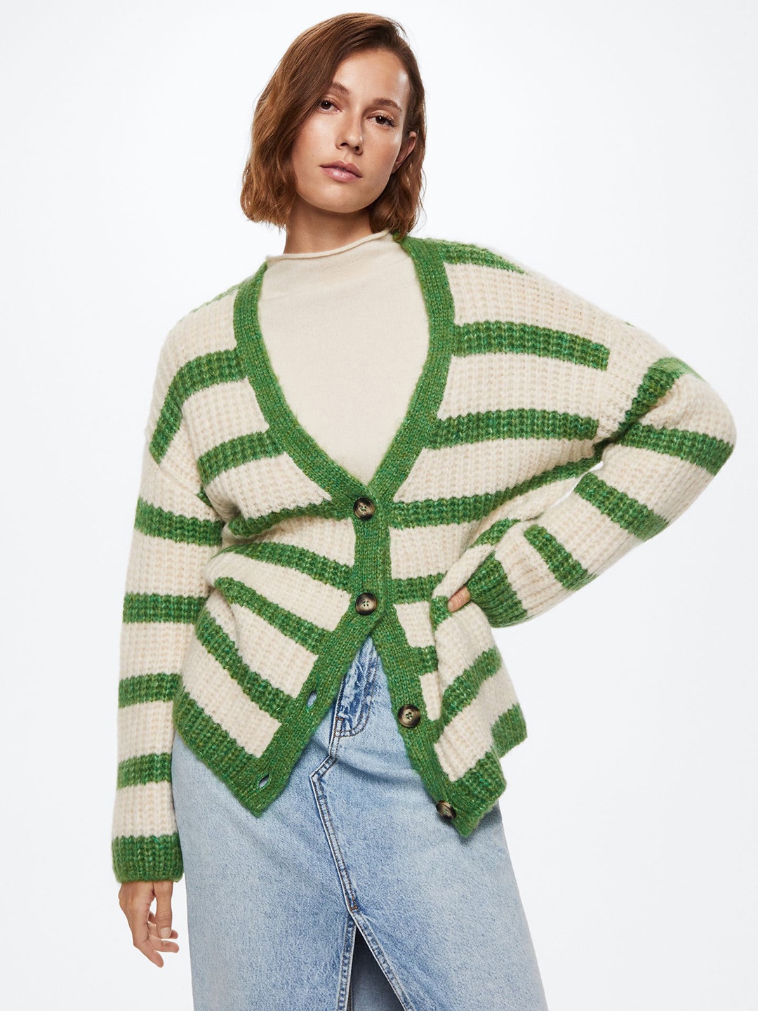 

MANGO Women Green & White Striped Sustainable Cardigan