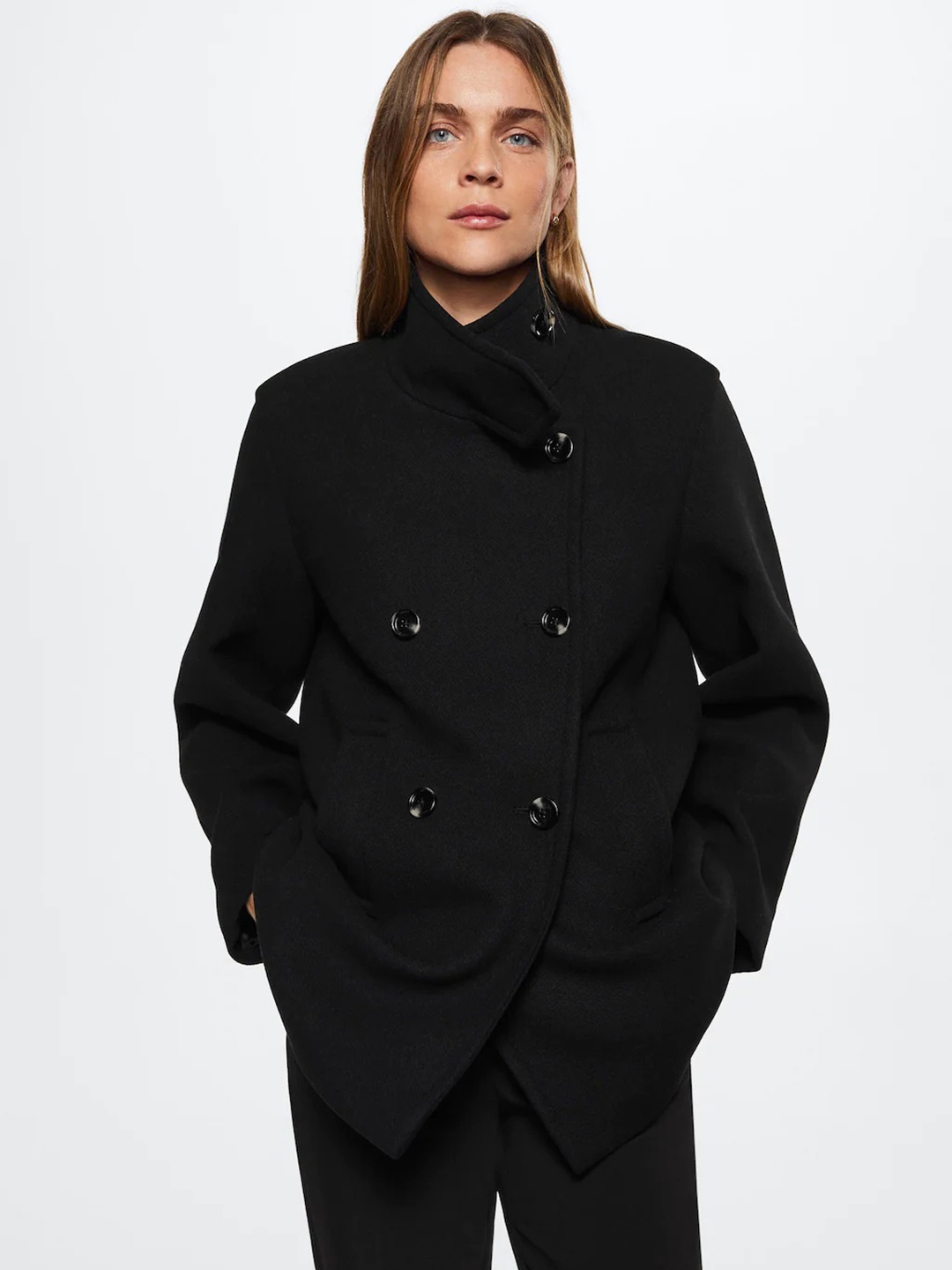 

MANGO Women Black Solid Double Breasted Sustainable Pea Coat