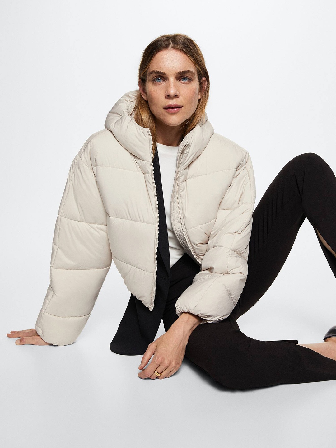 

MANGO Women Off-White Water-Resistant Hooded Sustainable Puffer Jacket