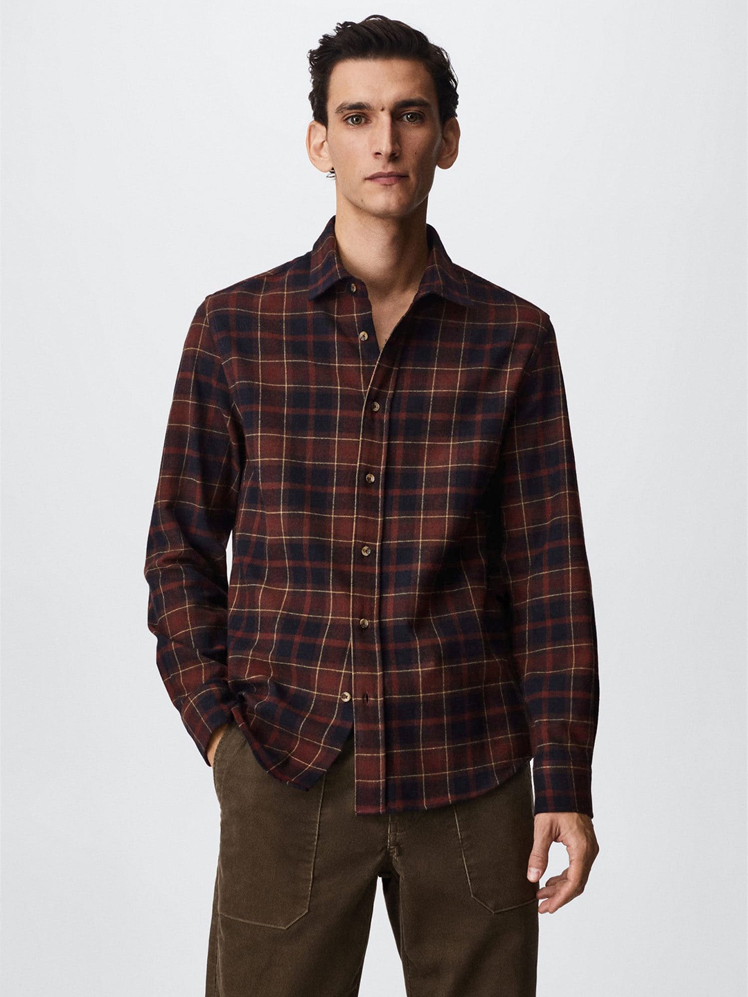 

MANGO MAN Burgundy Checked Casual Flannel Pure Cotton Sustainable Shirt