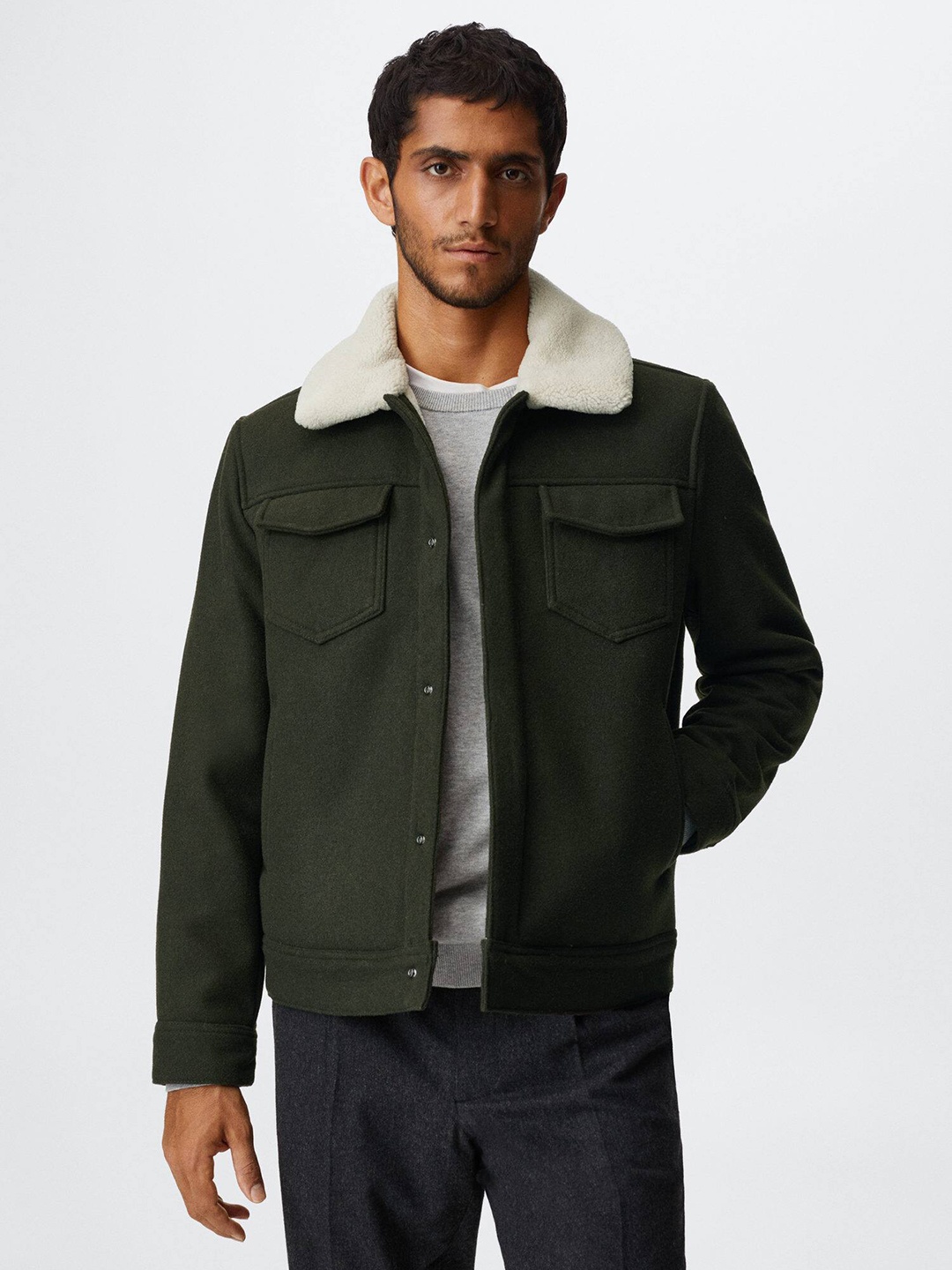 

MANGO MAN Olive Green Faux-Shearling Collar Tailored Jacket