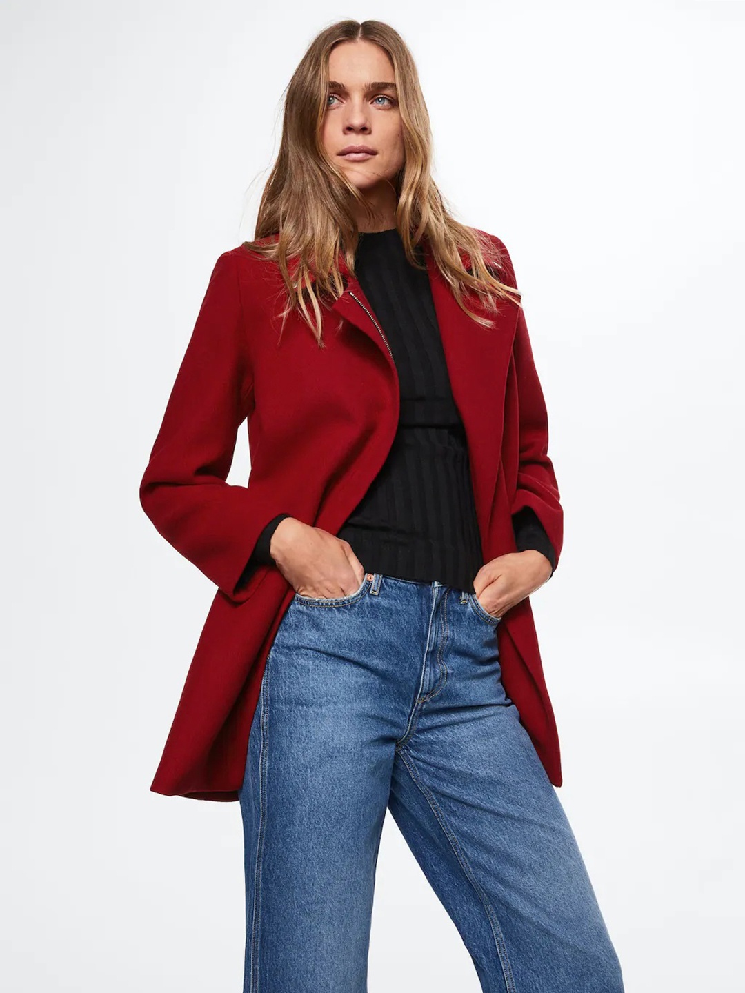 

MANGO Women Red Solid Crossover Design Sustainable Pea Coat