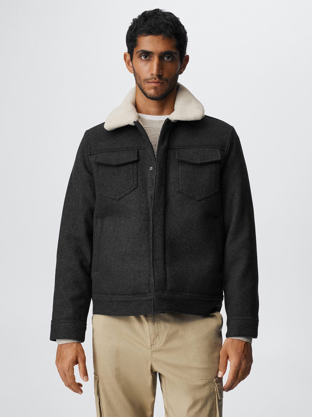 

MANGO MAN Faux-Shearling Collar Tailored Jacket, Navy blue