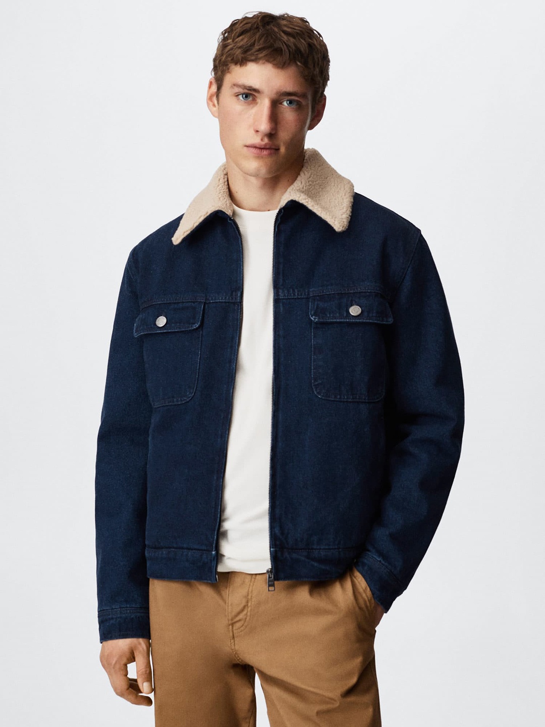 

MANGO MAN Solid Denim Pure Cotton Sustainable Jacket, Navy blue