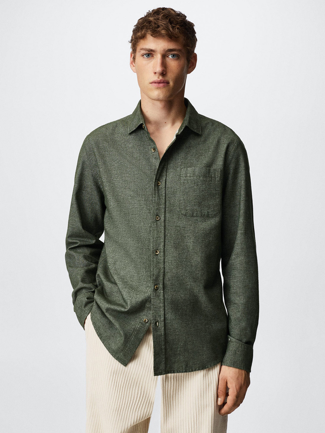 

MANGO MAN Olive Green Cotton Sustainable Casual Shirt