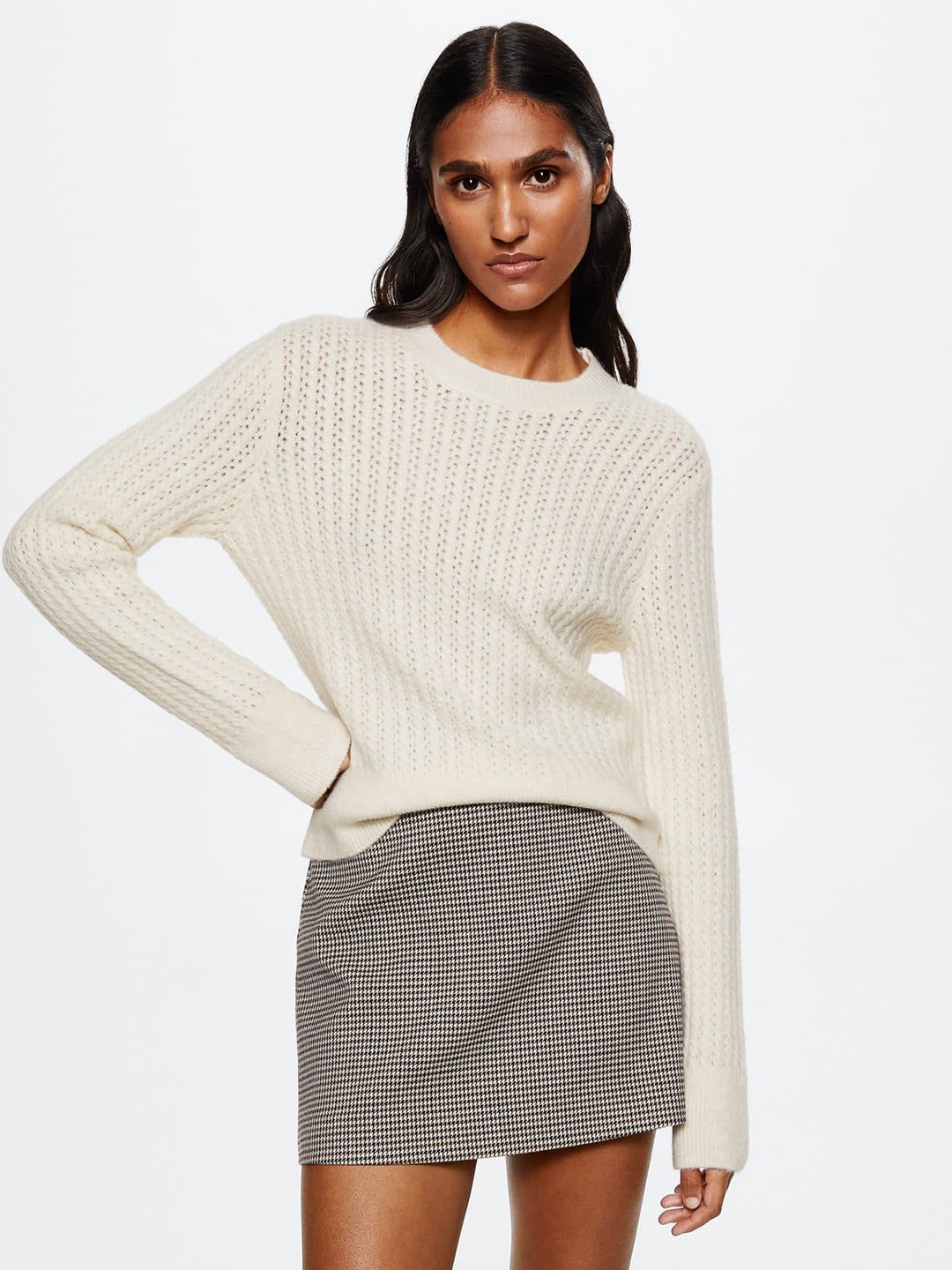 

MANGO Women Off-White Ribbed Sustainable Pullover