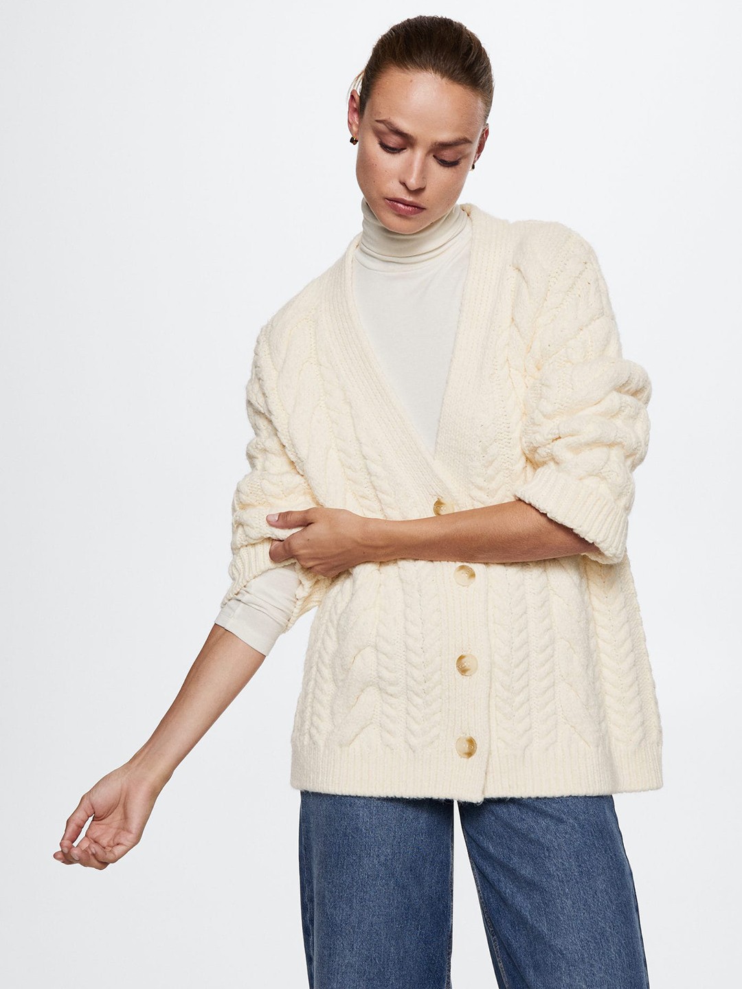 

MANGO Women Cream-Coloured Cable Knit Sustainable Cardigan