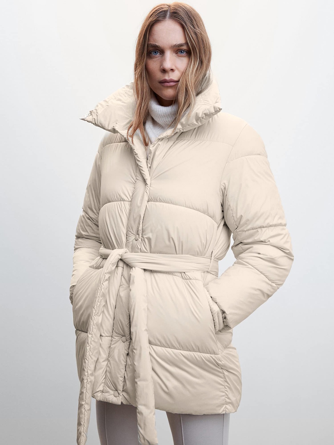 

MANGO Women Off-White Solid Longline Sustainable Puffer Jacket With Belt