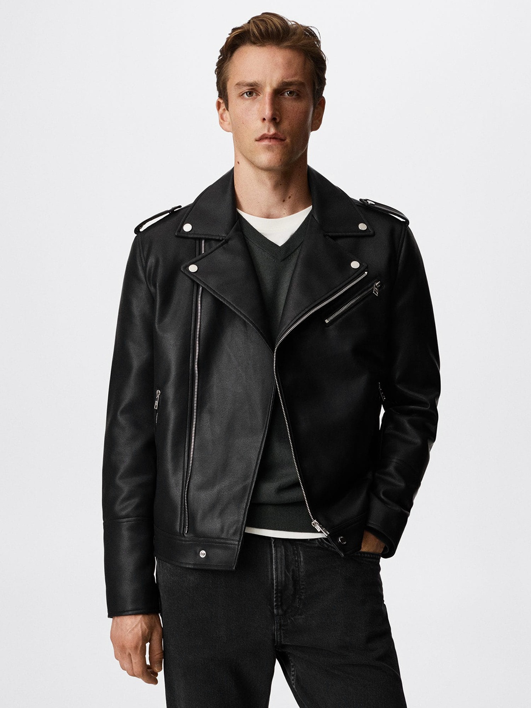 

MANGO MAN Black Solid Faux Leather Biker Jacket