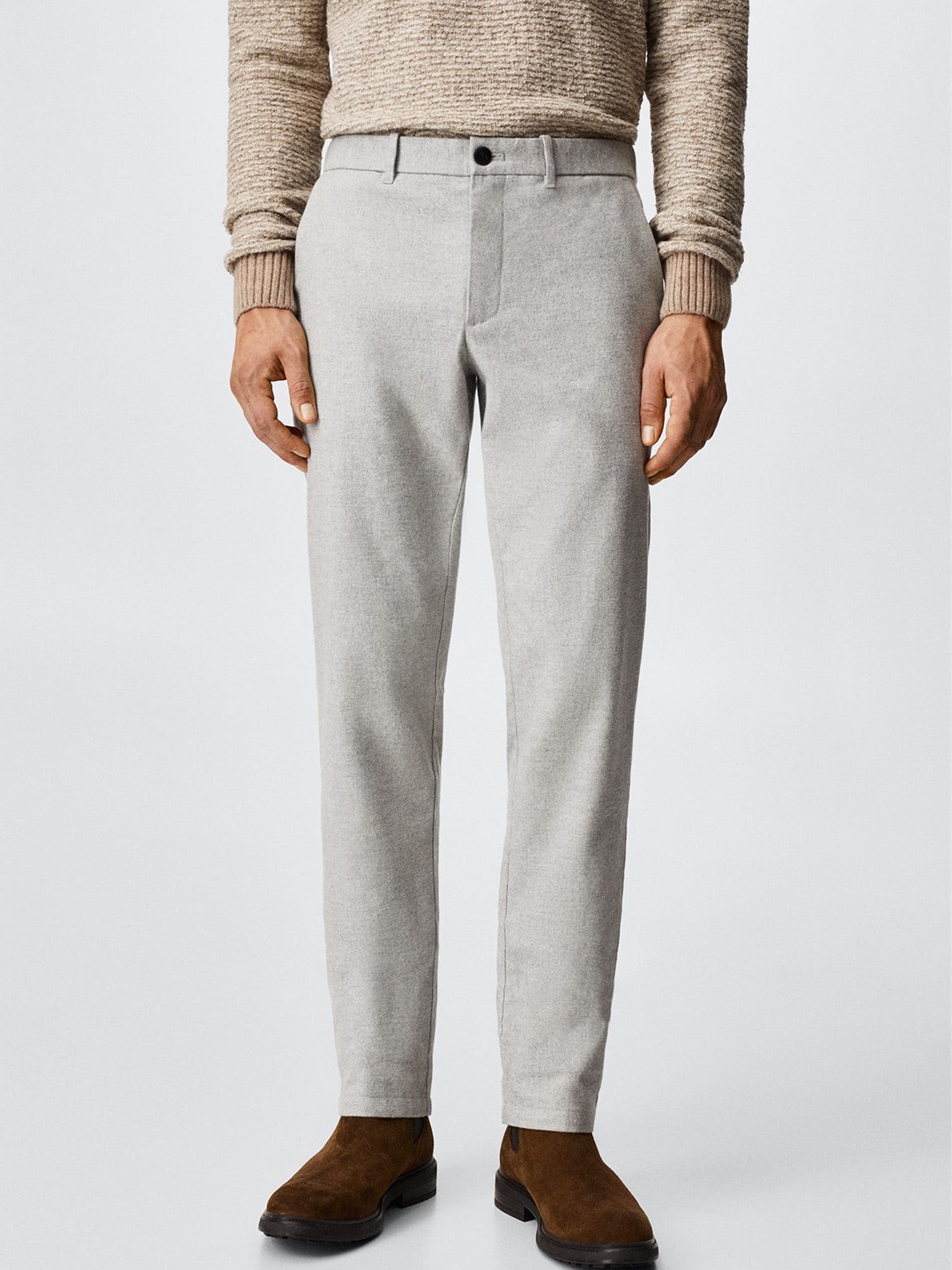 

MANGO MAN Grey Melange Solid Slim Fit Sustainable Trousers