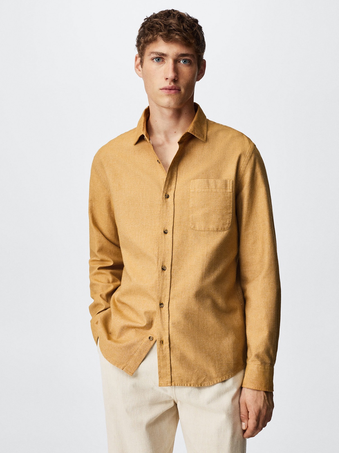 

MANGO MAN Mustard Yellow Sustainable Pure Cotton Casual Shirt