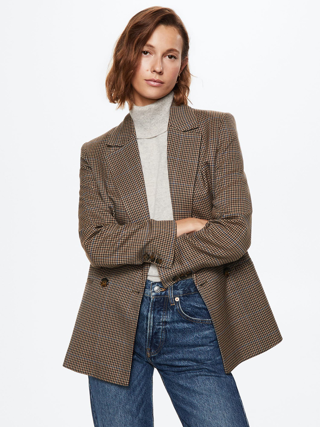 

MANGO Women Brown Houndstooth Design Double Breasted Sustainable Blazer
