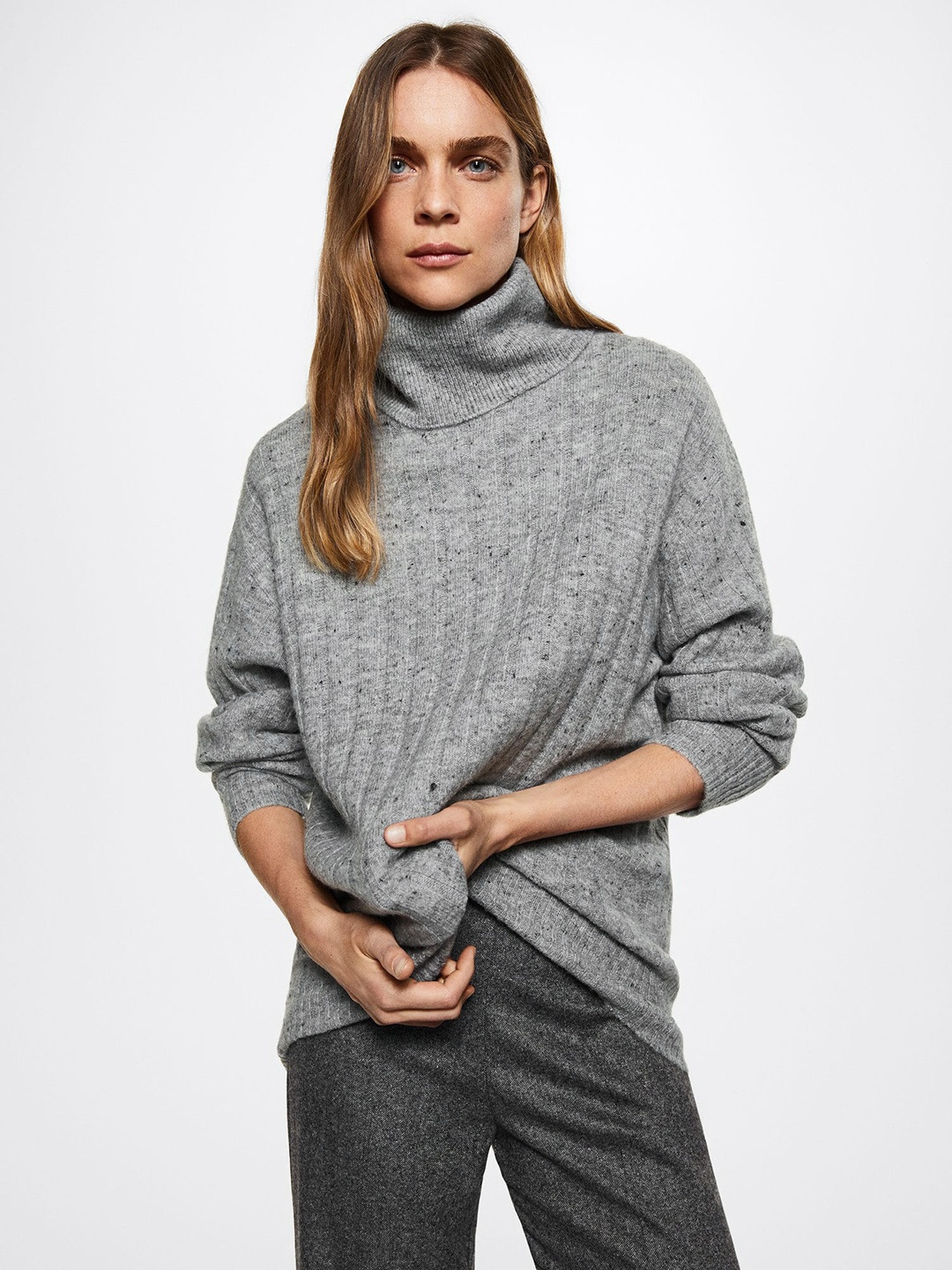 

MANGO Women Grey Ribbed Sustainable Pullover