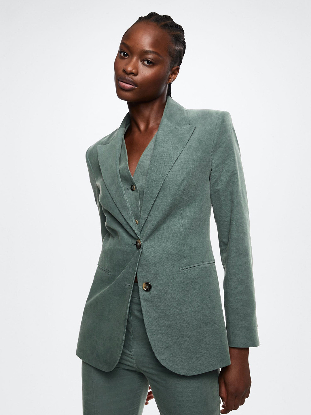 

MANGO Women Green Solid Single Breasted Corduroy Sustainable Blazer