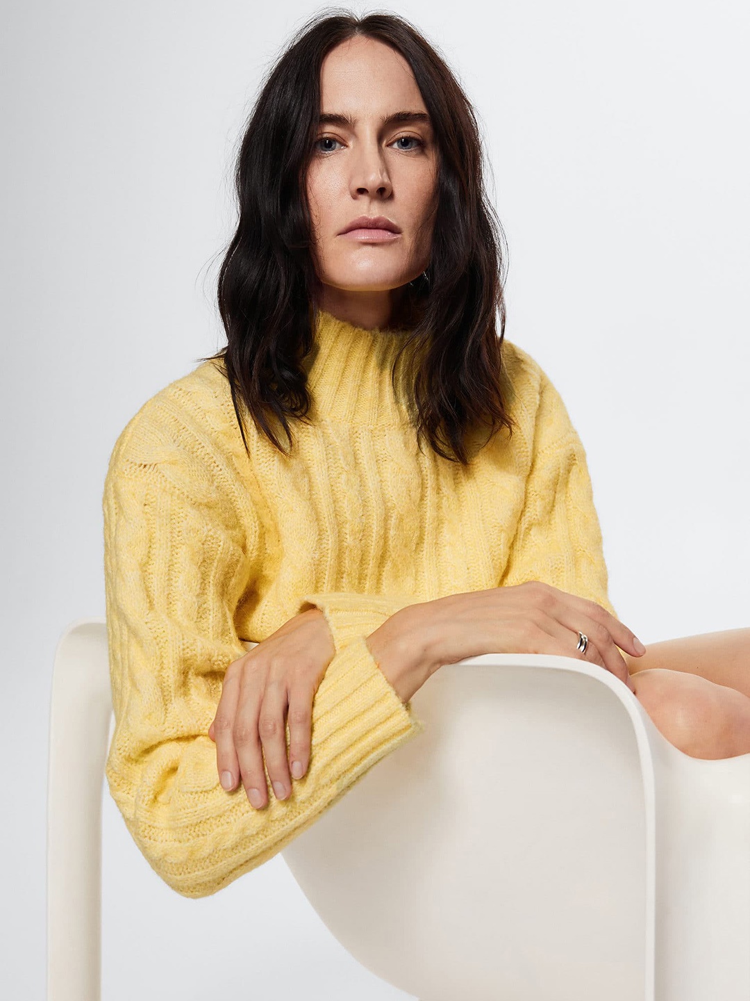 

MANGO Women Yellow Cable Knit Sustainable Pullover