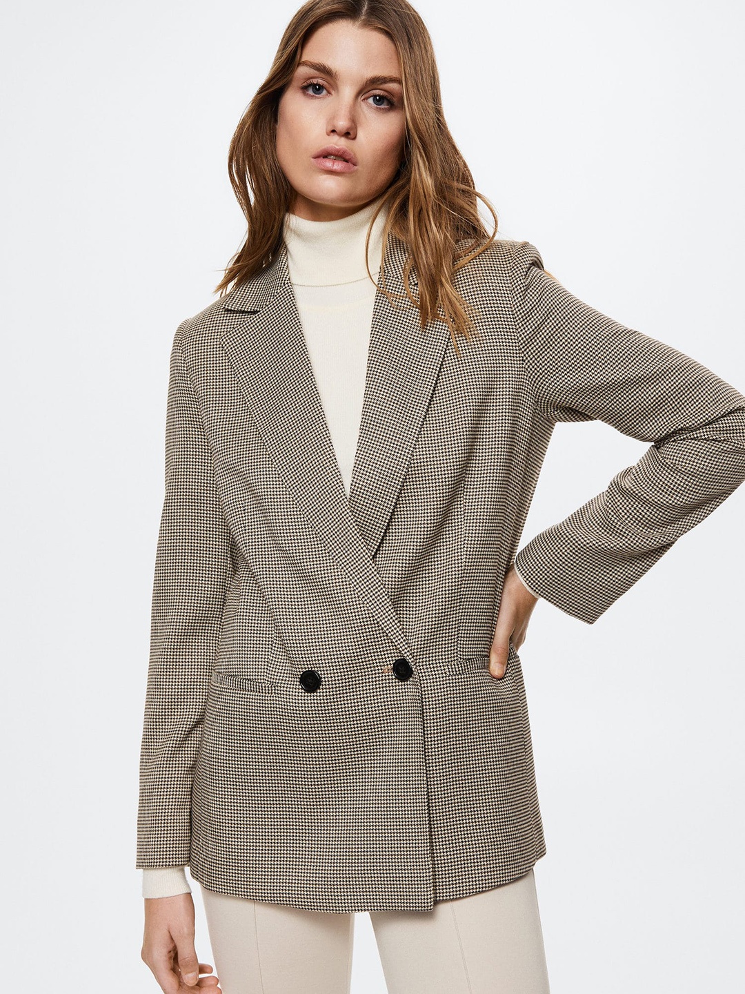 

MANGO Women Beige & Black Houndstooth Design Double Breasted Blazer