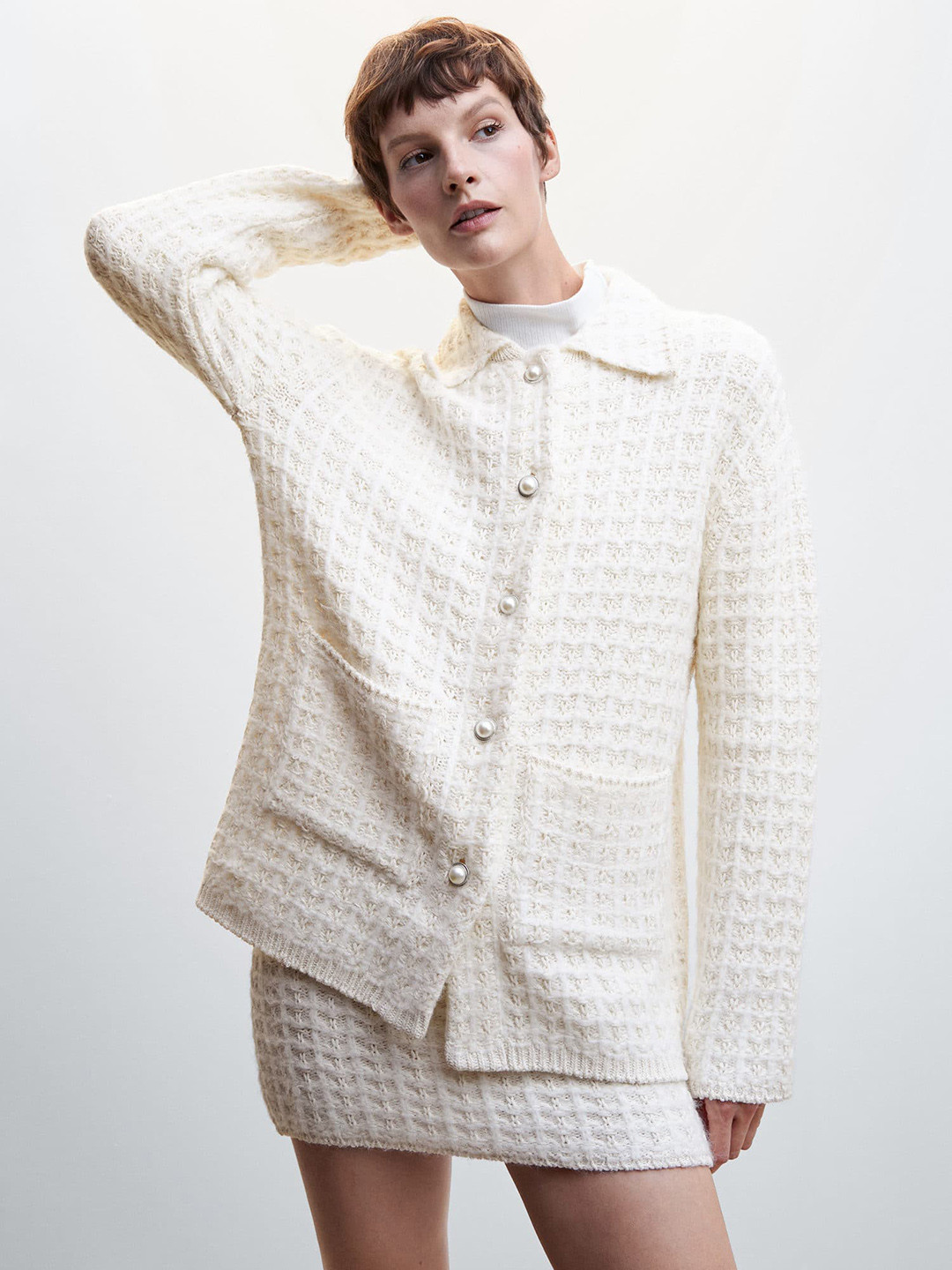 

MANGO Women White Self-Checked Sustainable Cardigan
