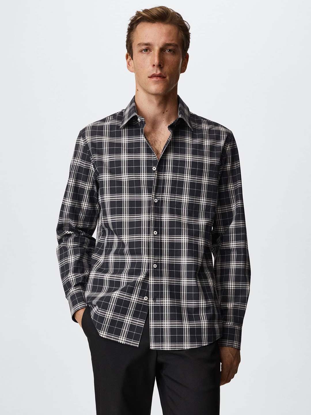 

MANGO MAN Black & White Cotton Slim Fit Tartan Checked Sustainable Shirt