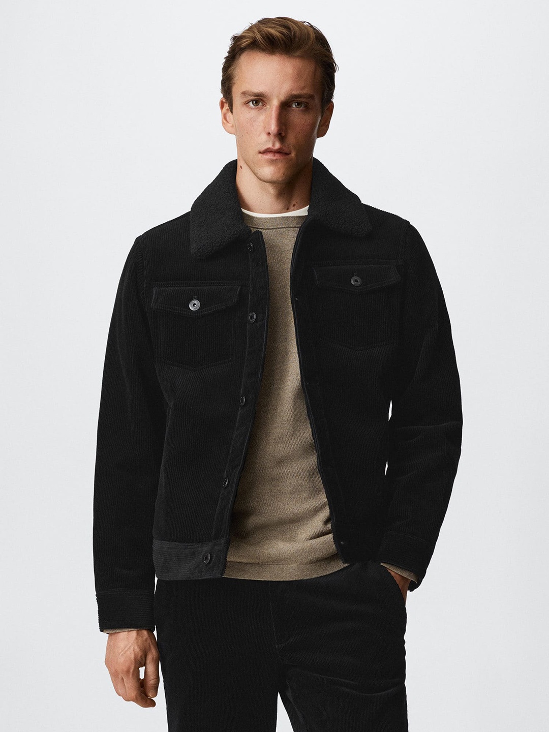 

MANGO MAN Faux Shearling-Lined Corduroy Jacket, Black