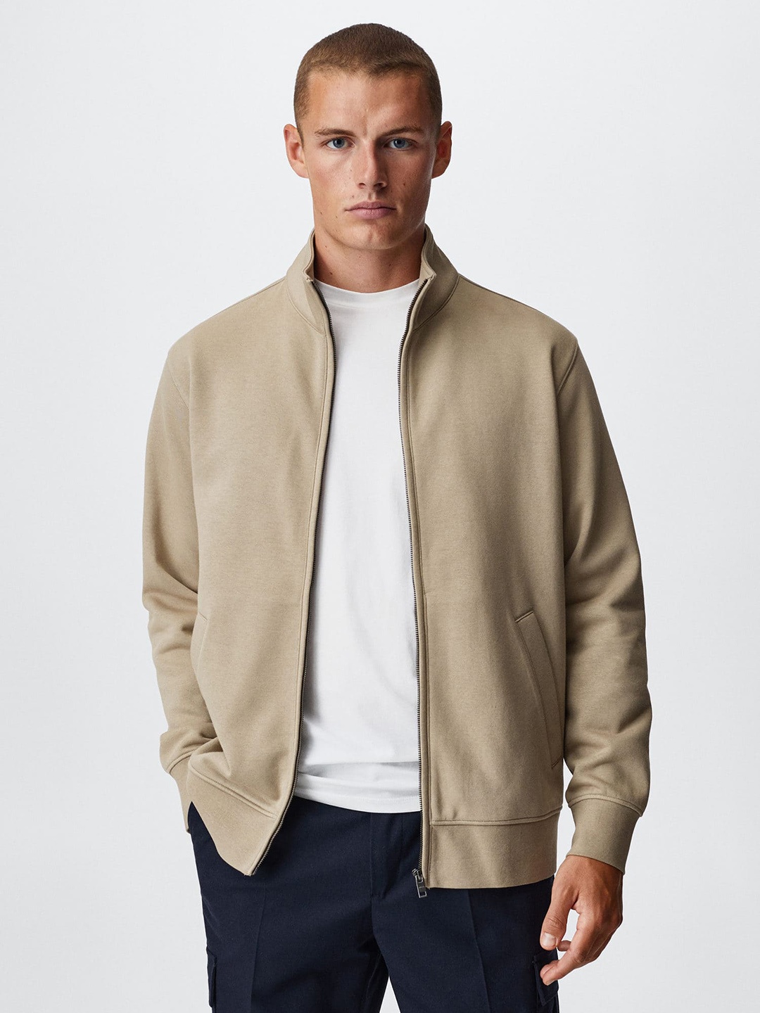 

MANGO MAN Taupe Solid Sweatshirt