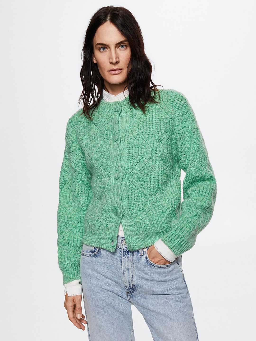 

MANGO Women Green Geometric Design Sustainable Cardigan