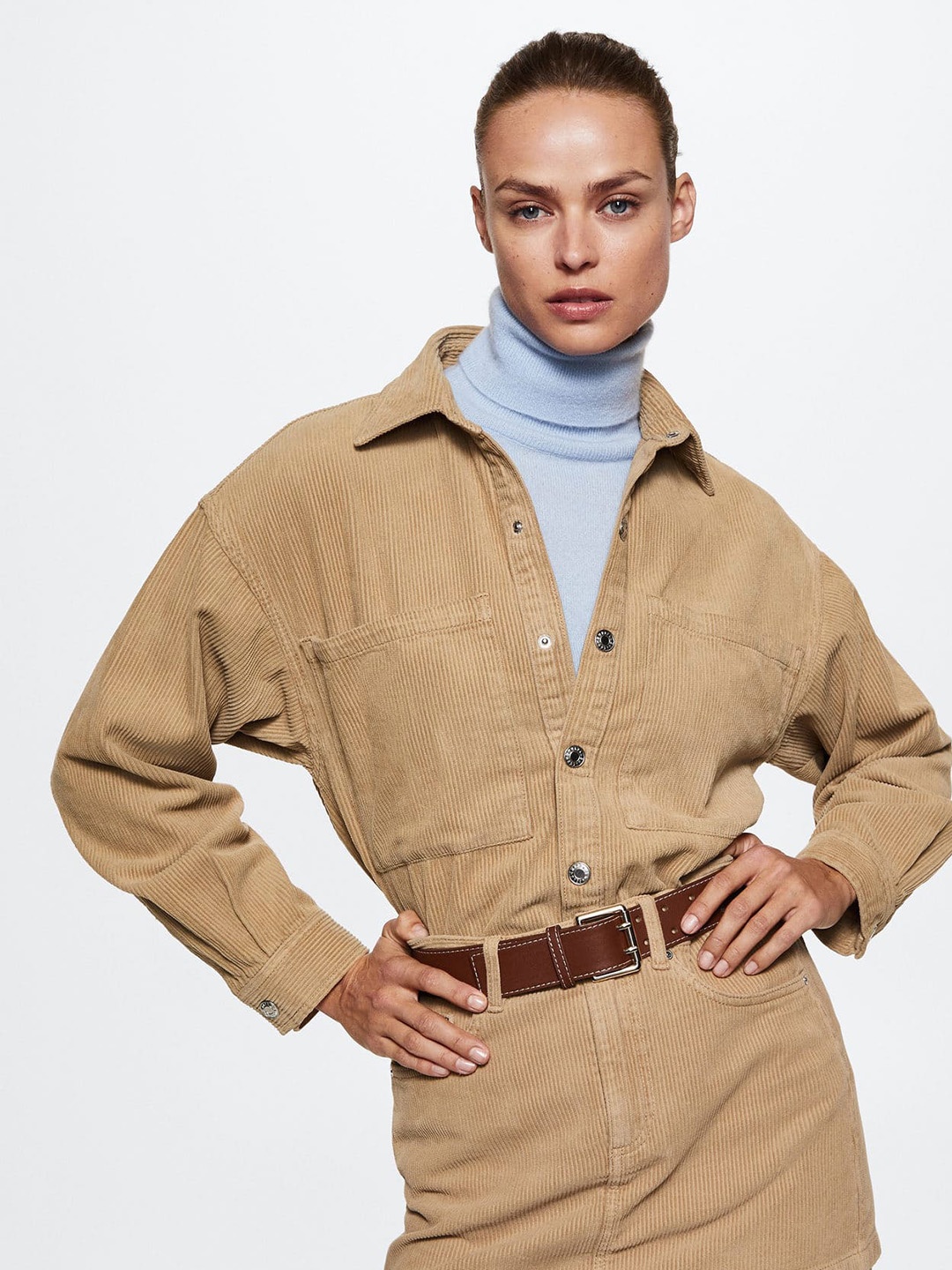 

MANGO Women Beige Solid Cotton Corduroy Sustainable Shacket