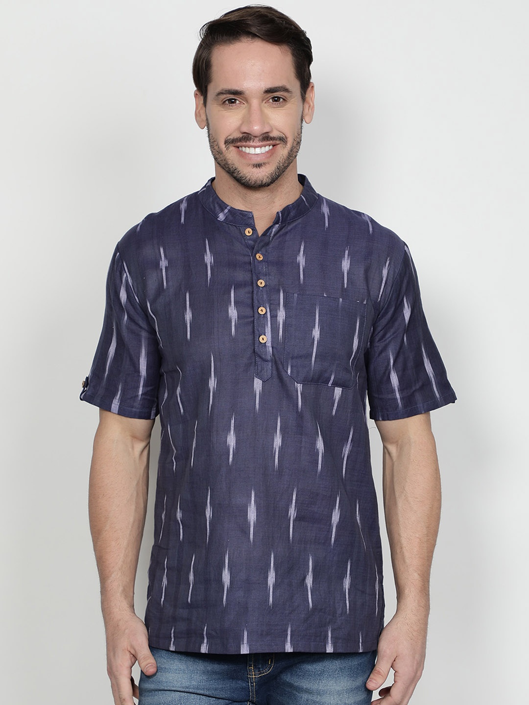 

Cot'N Soft Ikat Printed Mandarin Collar Pure Cotton Short Kurta, Navy blue