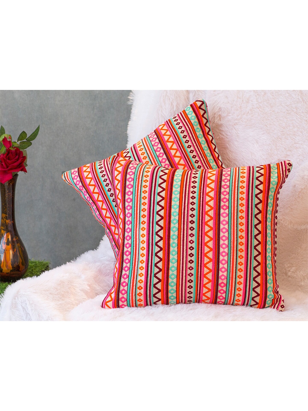 

KRAVIKA White & Orange Set of 2 Cotton Striped Square Cushion Covers