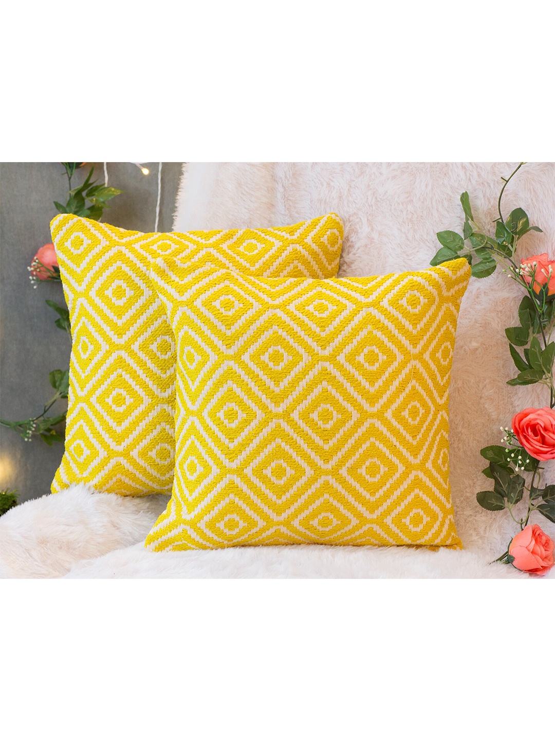 

KRAVIKA Yellow & White Cotton Set of 2 Geometric Square Cushion Covers