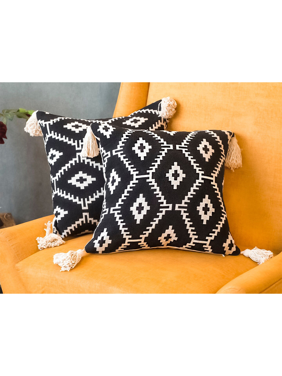 

KRAVIKA Black & White Cotton Set of 2 Geometric Square Cushion Covers