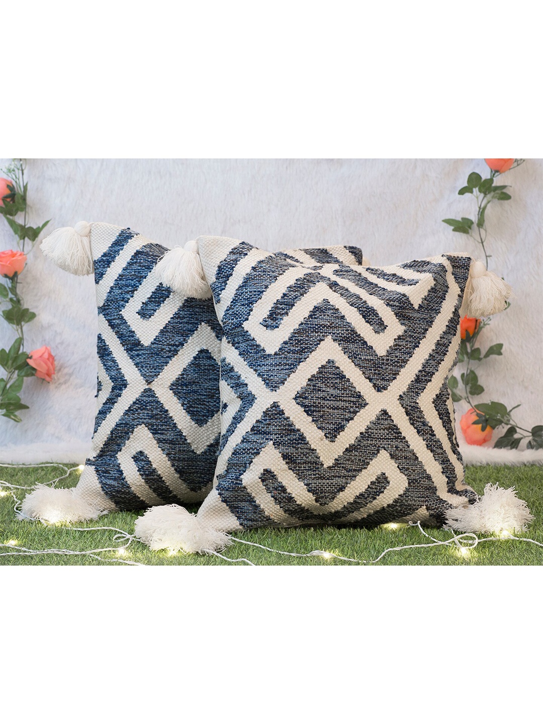

KRAVIKA Blue & White Cotton Set of 2 Geometric Square Cushion Covers