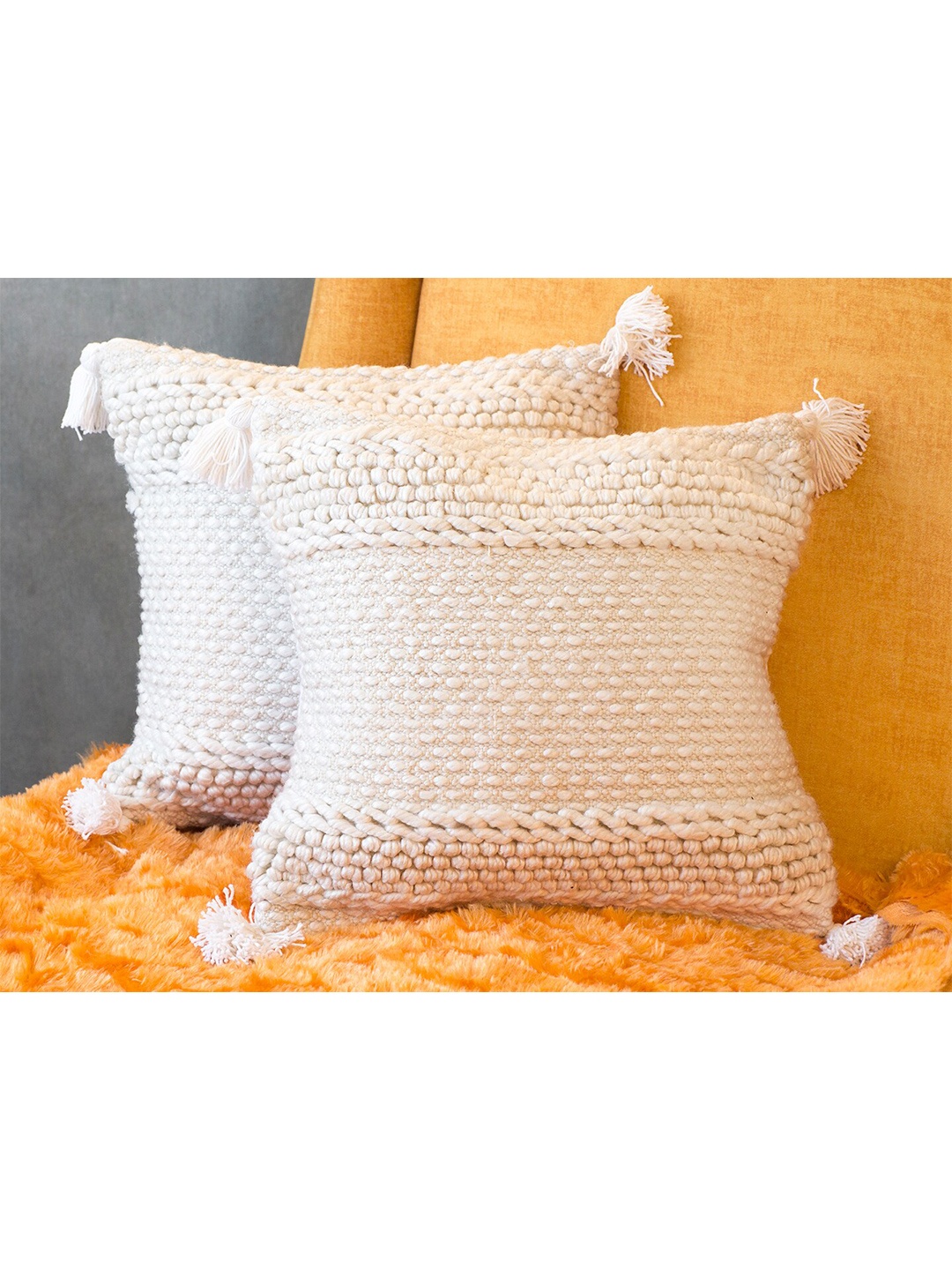 

KRAVIKA White Cotton Set of 2 Square Cushion Covers