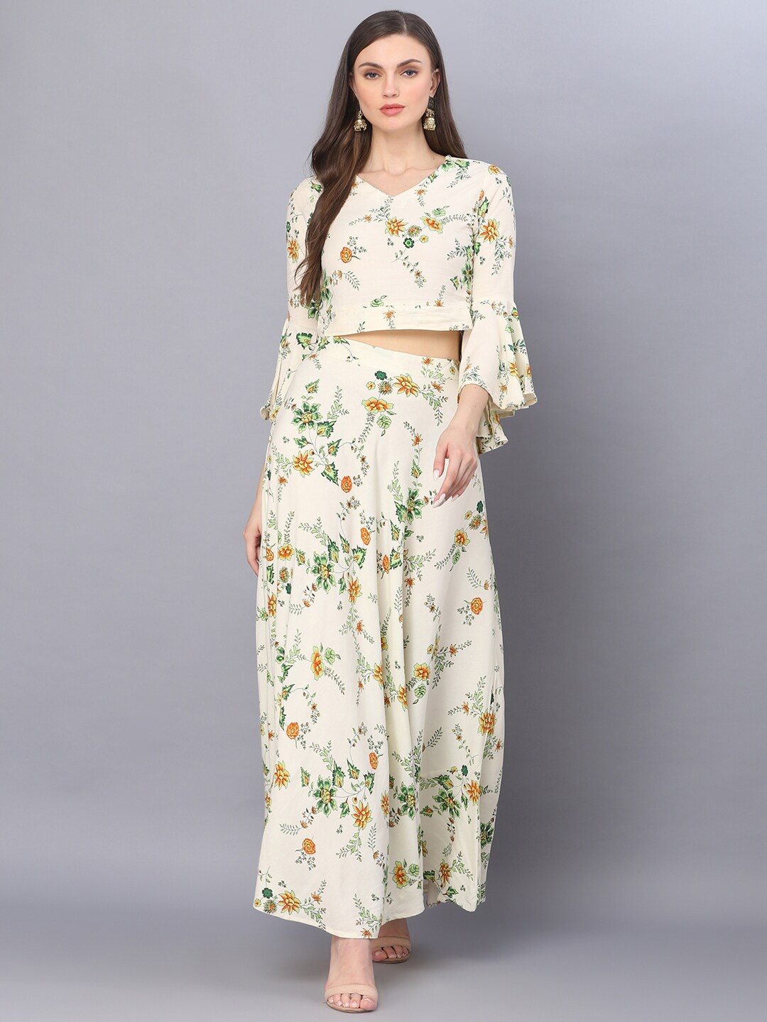 

God Bless Women Beige & Green Printed Top With Skirt